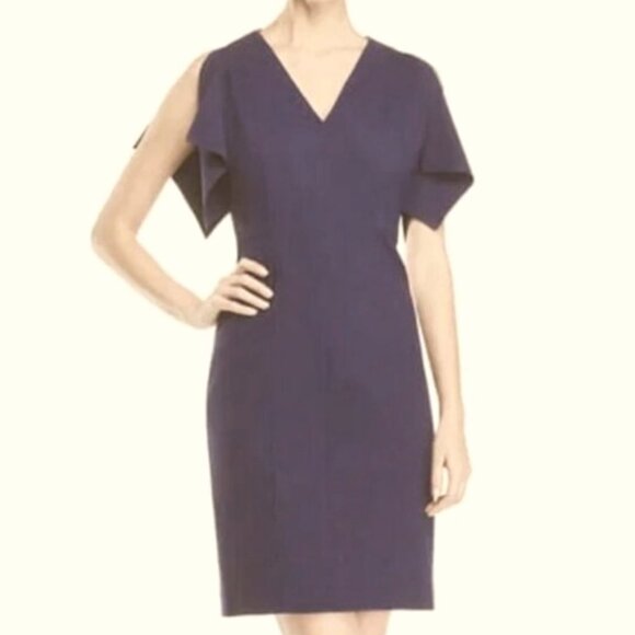 Elie Tahari Plum Slit-sleeve V-Neck Designer Sheath Dress - Picture 3 of 16
